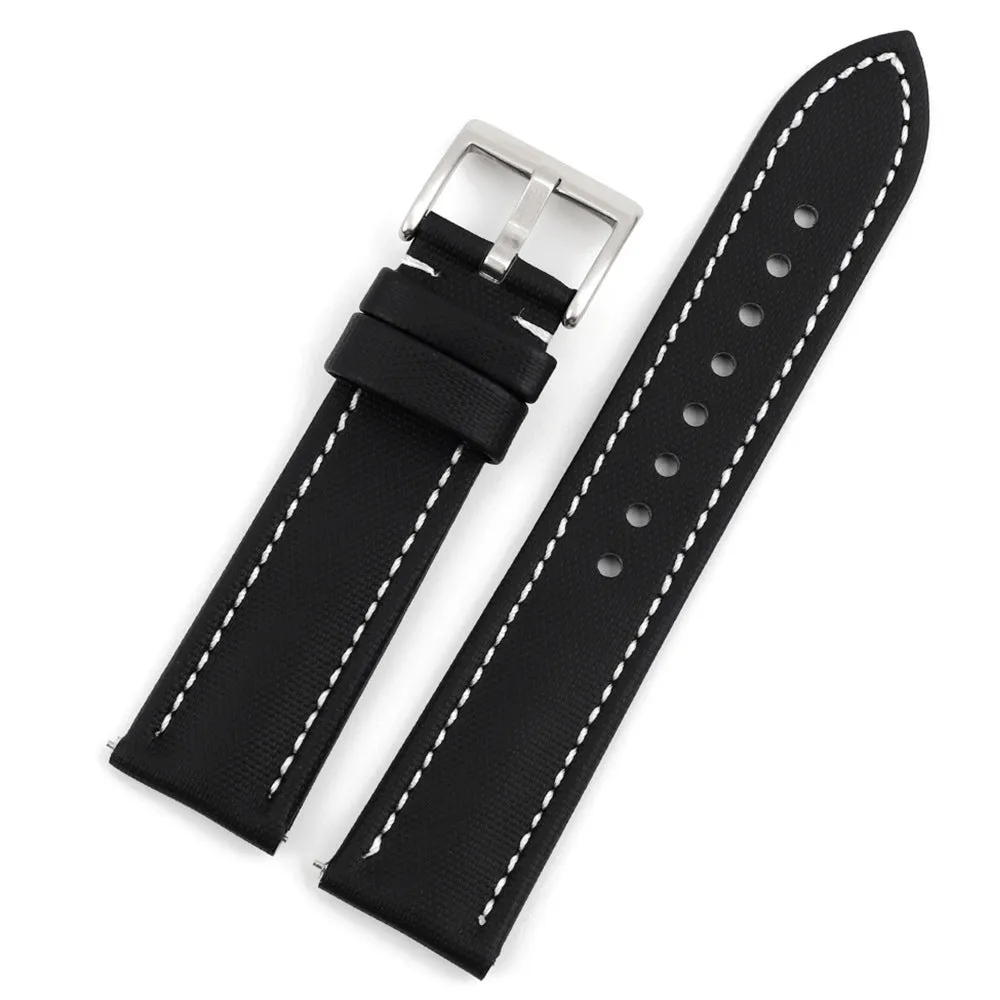 Oxford water-repellent cloth watch strap in black, available in 18mm to 22mm widths with leather fit layer.