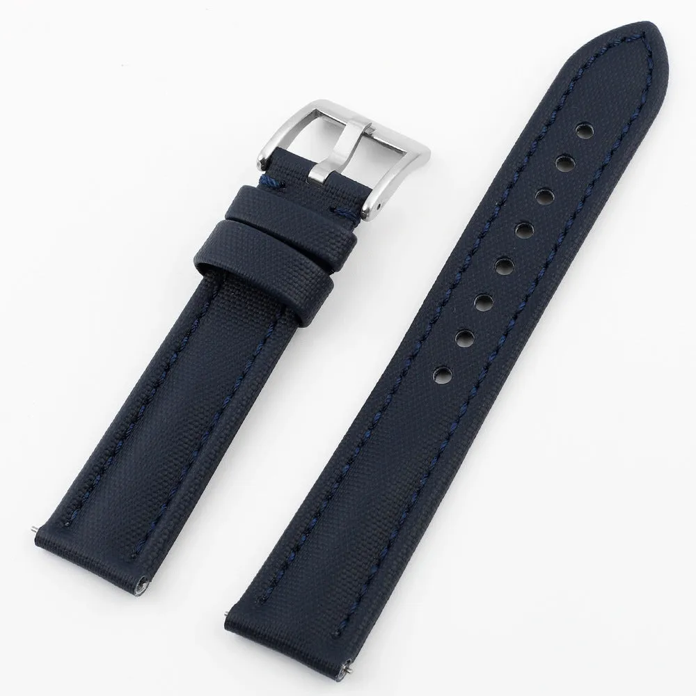 Oxford water-repellent cloth watch strap in black, available in 18mm to 22mm widths with leather fit layer.