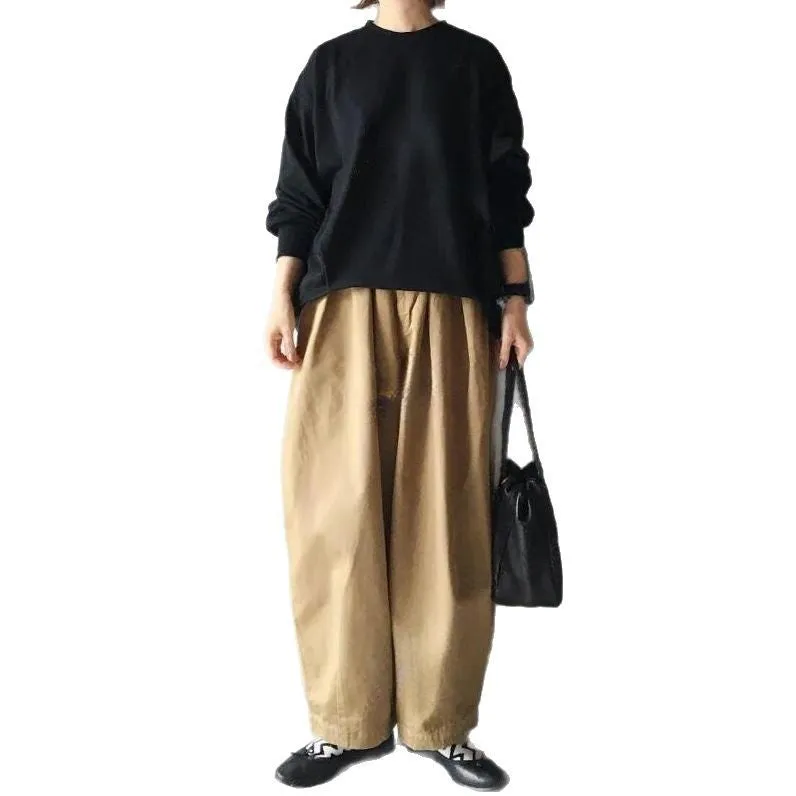 Women's two-piece set with loose round neck lantern sleeve sweater and cropped wide leg pants in picture colour