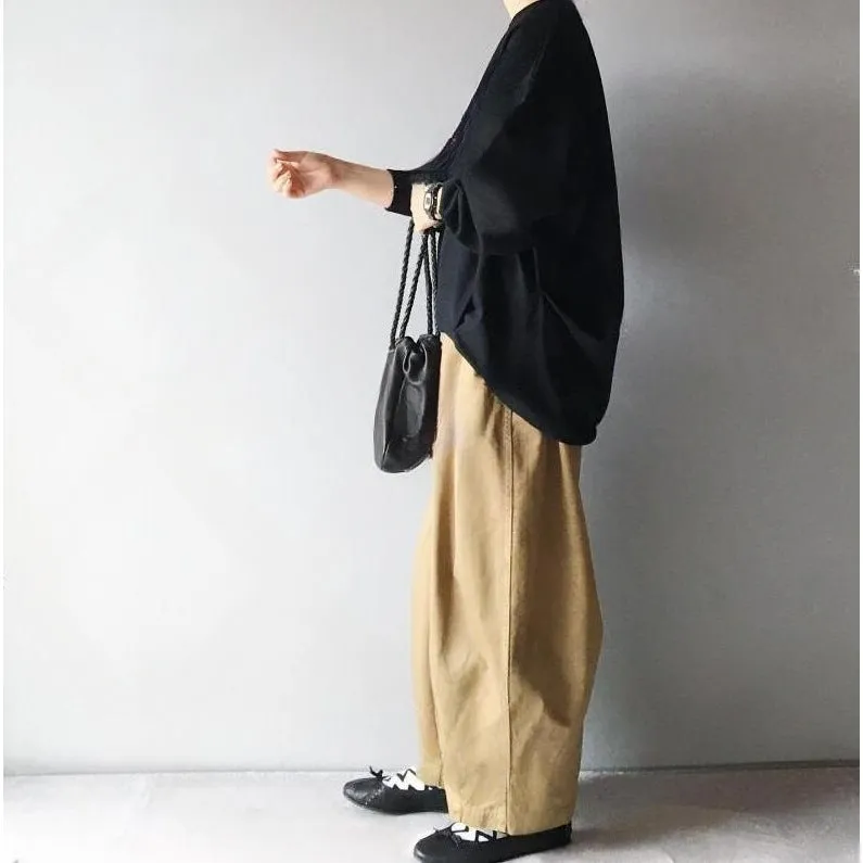 Women's two-piece set with loose round neck lantern sleeve sweater and cropped wide leg pants in picture colour