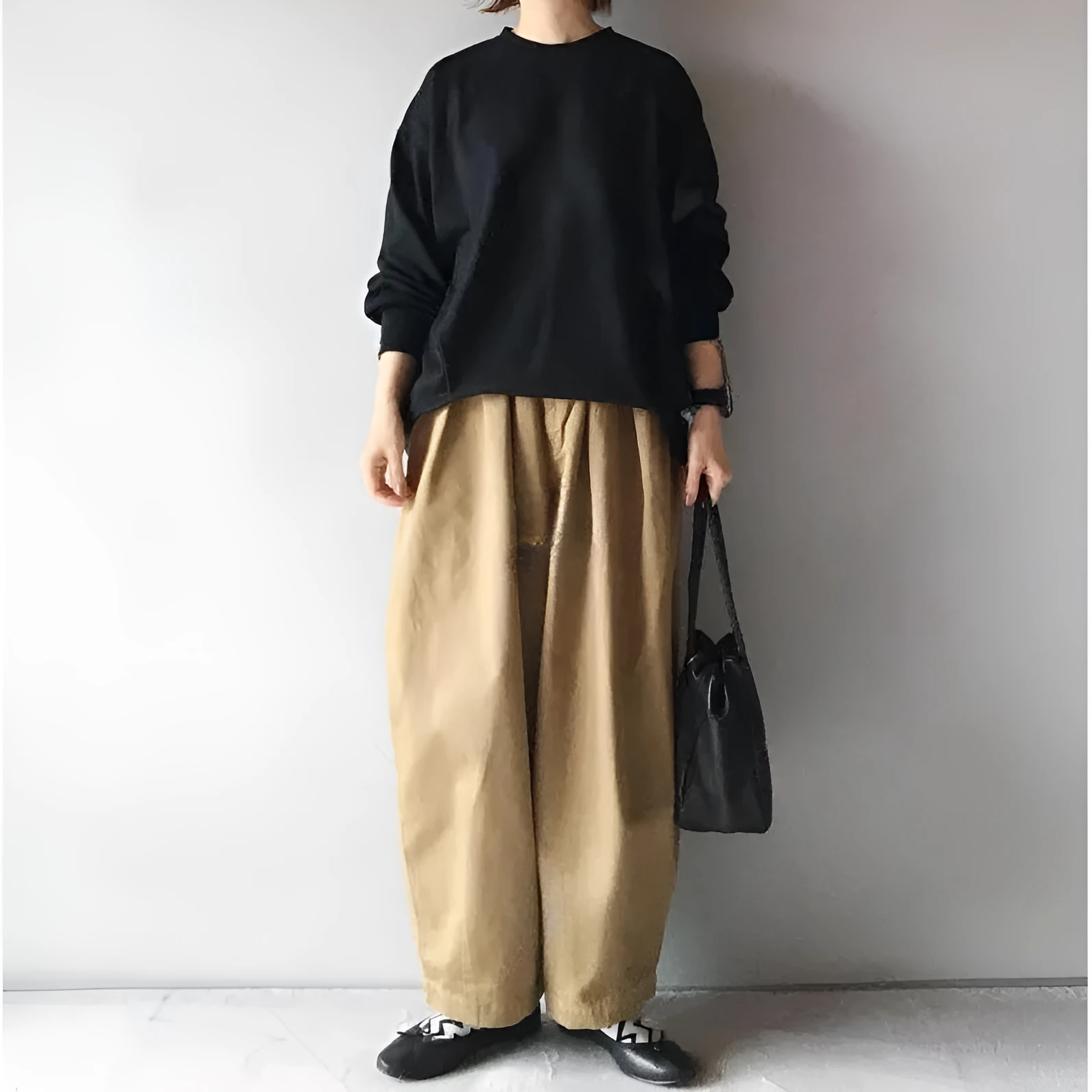 Women's two-piece set with loose round neck lantern sleeve sweater and cropped wide leg pants in picture colour