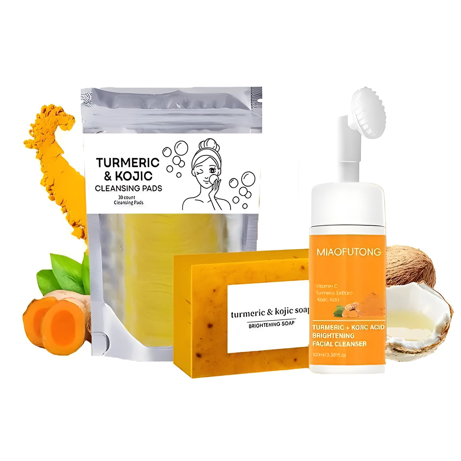 Turmeric Cleansing Mousse and Facial Cleaning Pad 30 piece set with ginger soap.