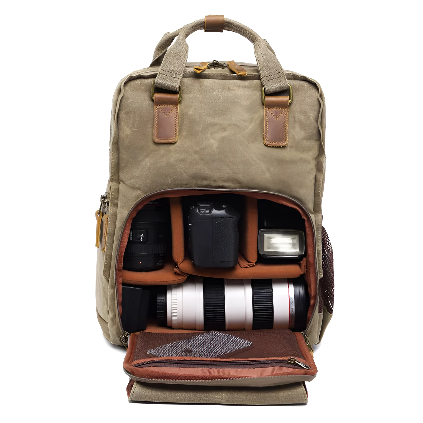 Canvas SLR digital backpack in khaki colour for home storage, waterproof and anti-seismic design with polyester lining