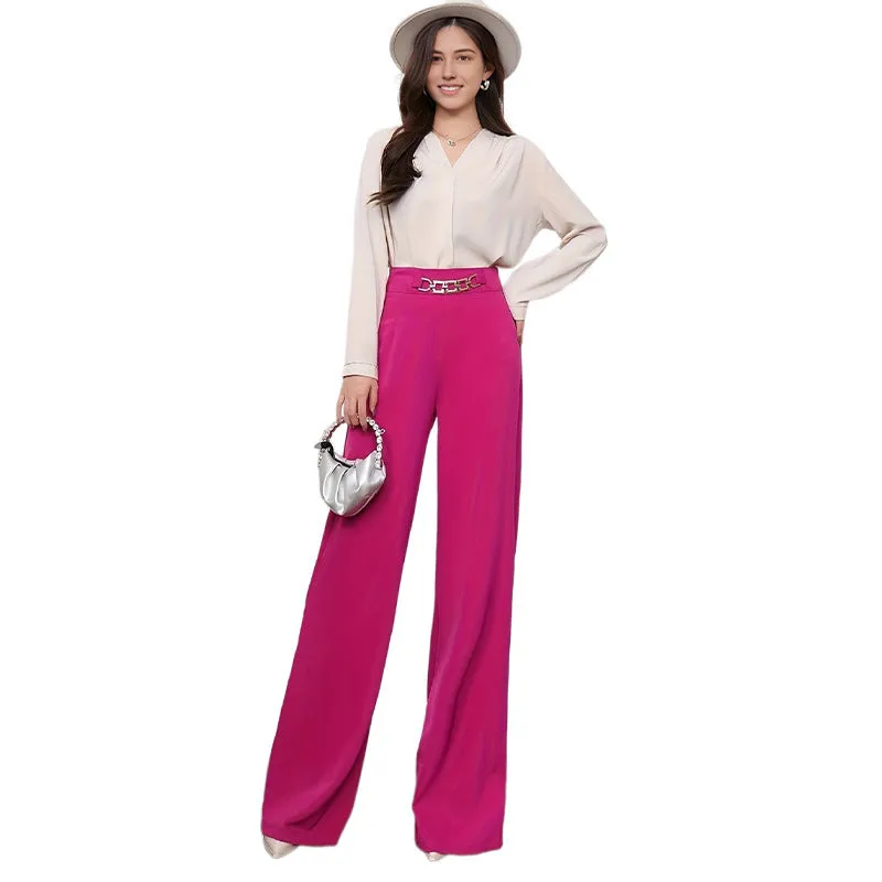 Solid colour draped wide leg pants for women, straight-leg polyester trousers with elastic waist, eight colour options