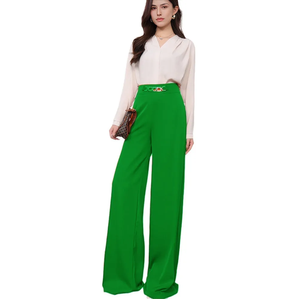 Solid colour draped wide leg pants for women, straight-leg polyester trousers with elastic waist, eight colour options