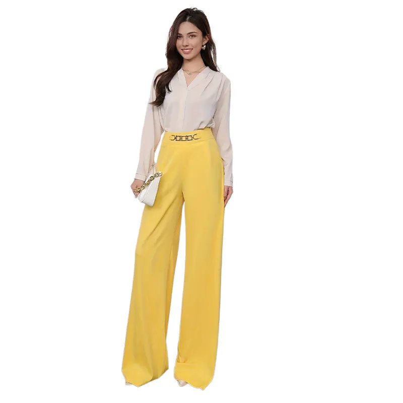 Solid colour draped wide leg pants for women, straight-leg polyester trousers with elastic waist, eight colour options