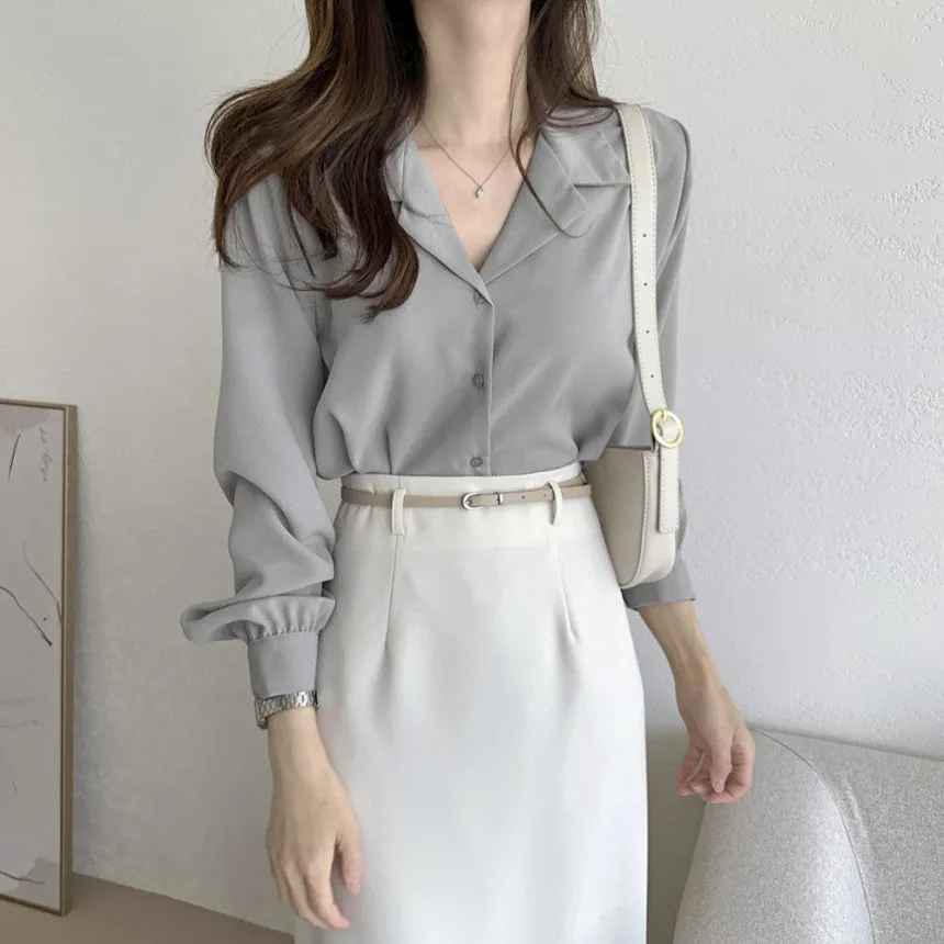 Simple suit collar chiffon shirt women's long sleeve loose cardigan style in white