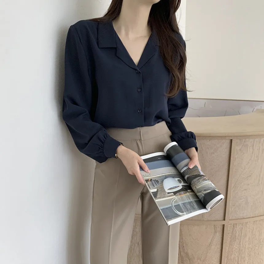 Simple suit collar chiffon shirt women's long sleeve loose cardigan style in white