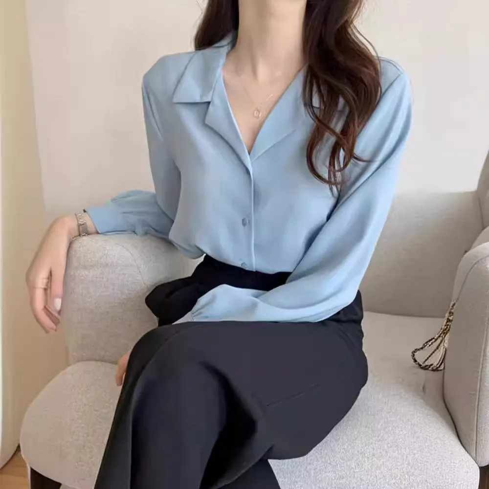 Simple suit collar chiffon shirt women's long sleeve loose cardigan style in white