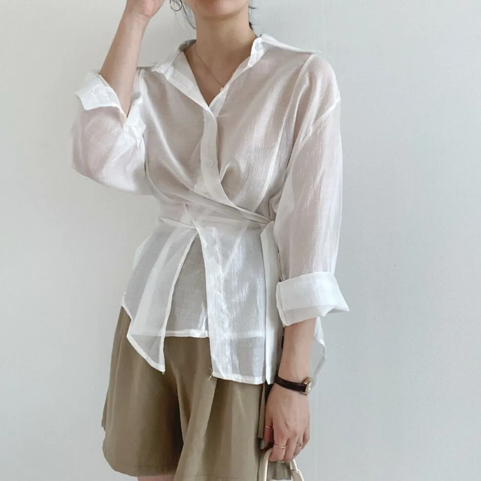 Irregular buckle lapel long sleeve shirt in smoky gray polyester fibre
