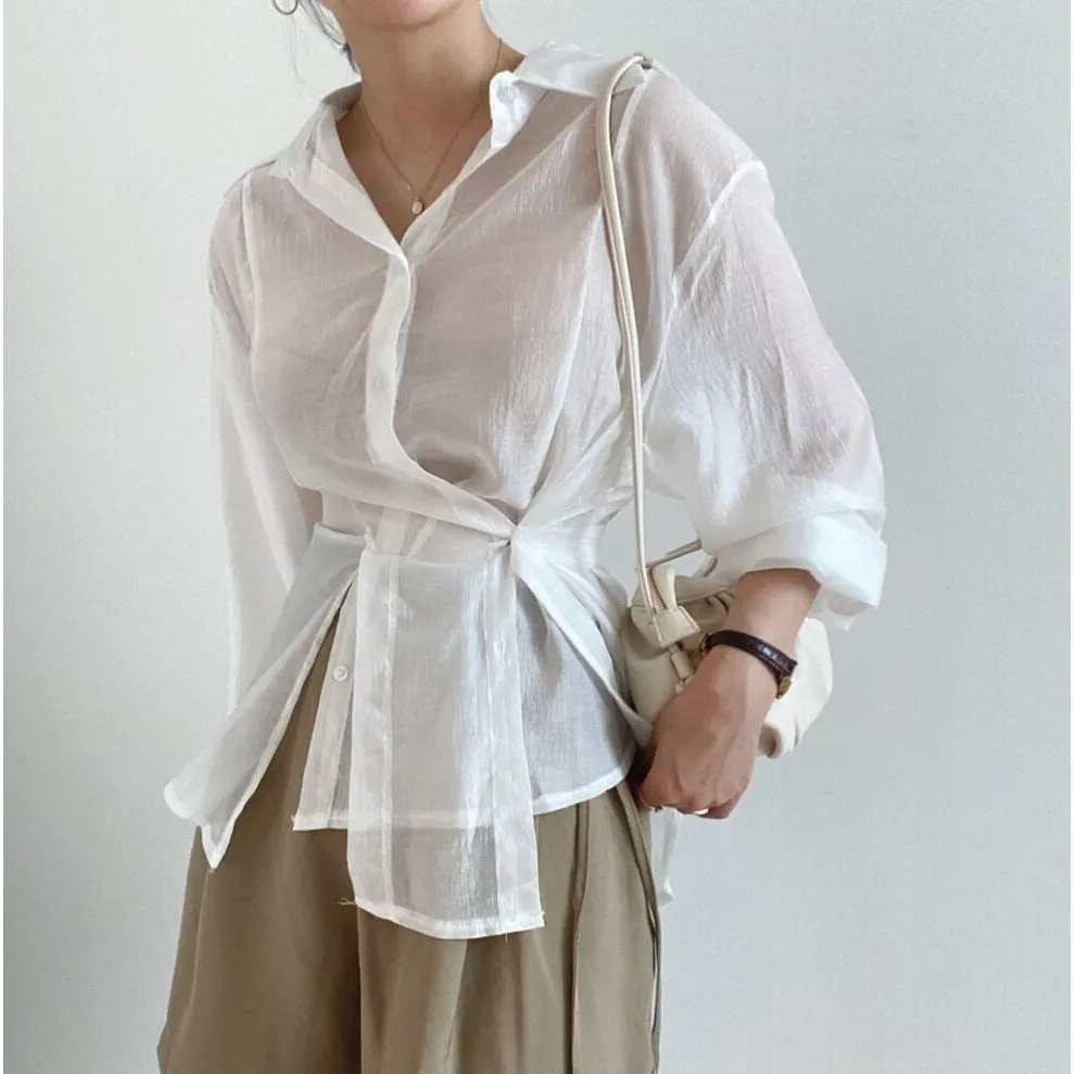 Irregular buckle lapel long sleeve shirt in smoky gray polyester fibre
