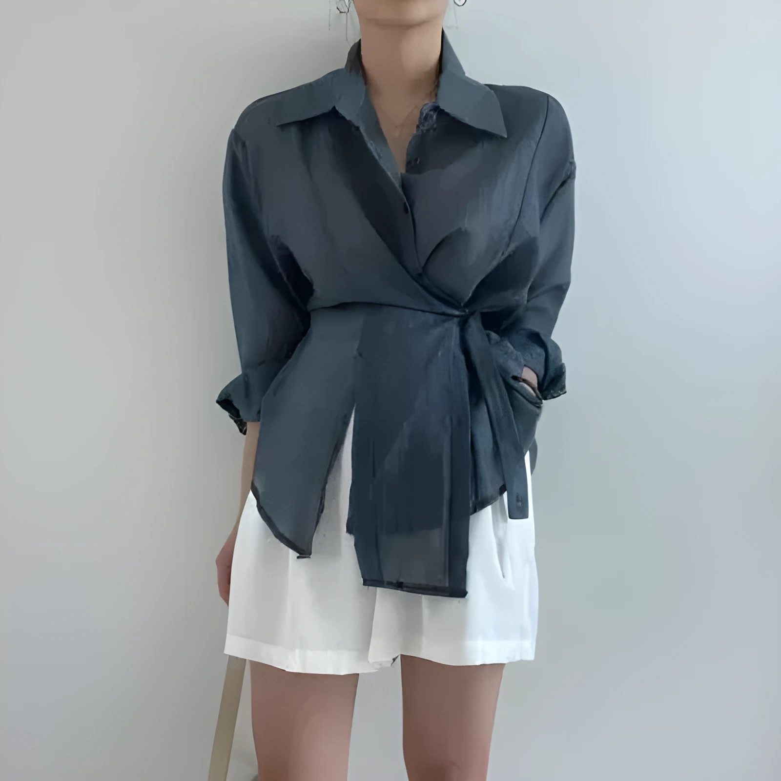 Irregular buckle lapel long sleeve shirt in smoky gray polyester fibre