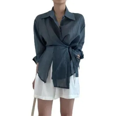 Irregular buckle lapel long sleeve shirt in smoky gray polyester fibre
