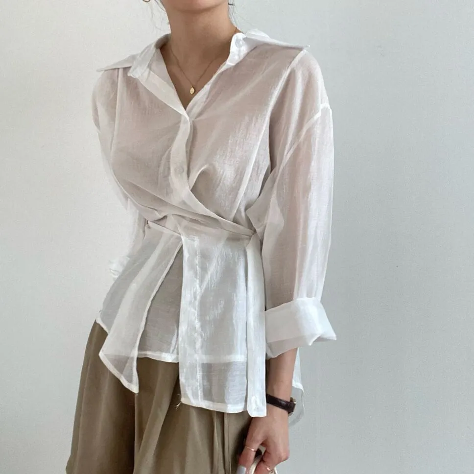 Irregular buckle lapel long sleeve shirt in smoky gray polyester fibre