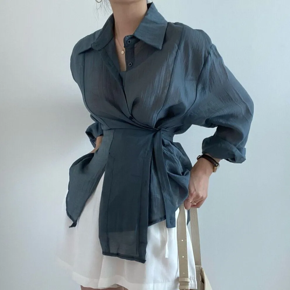 Irregular buckle lapel long sleeve shirt in smoky gray polyester fibre