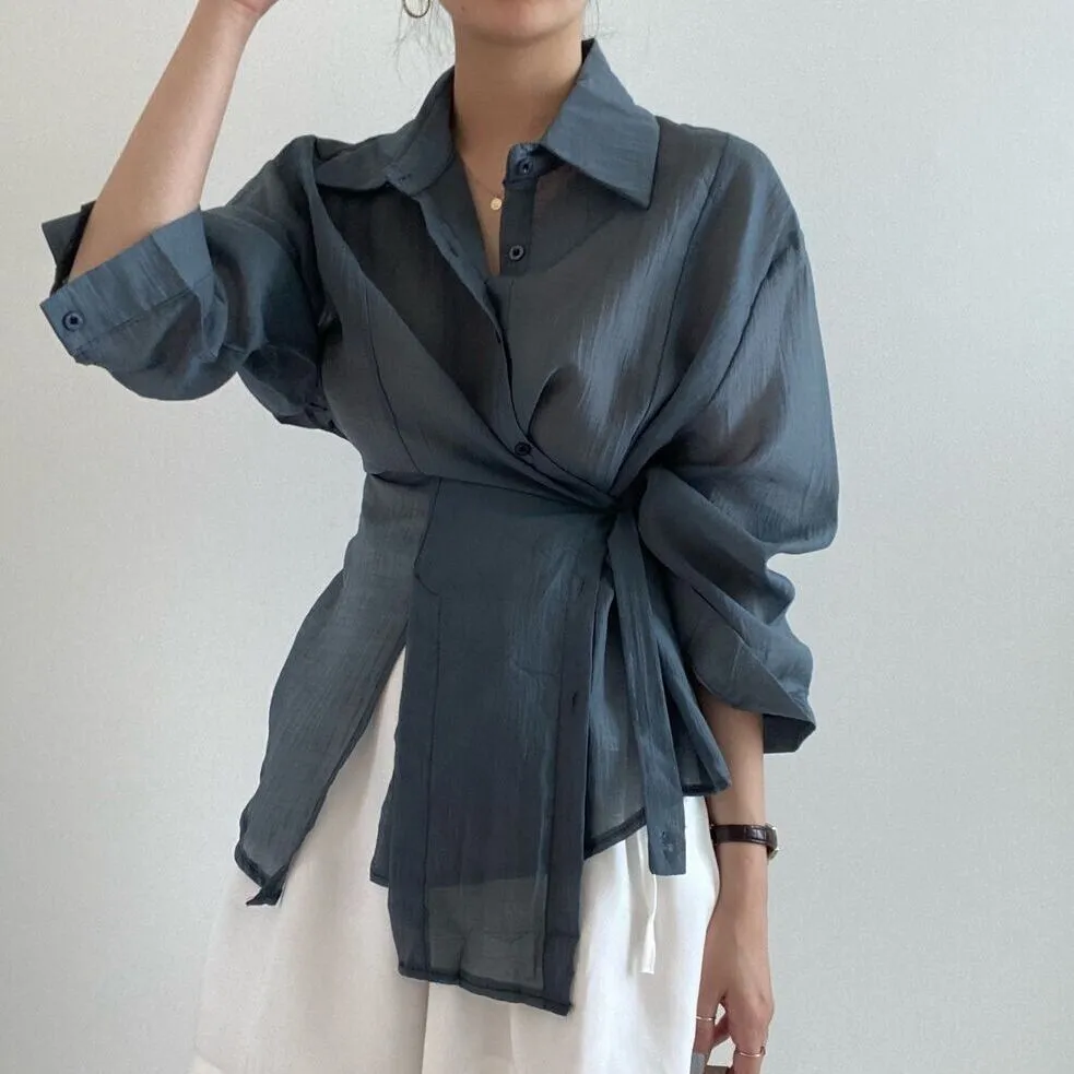 Irregular buckle lapel long sleeve shirt in smoky gray polyester fibre