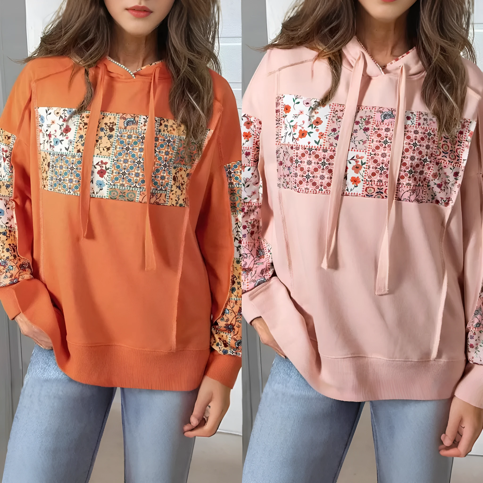 Women's pullover hoodie with drawstrings, loose fit, long sleeves, in pink colour, front view