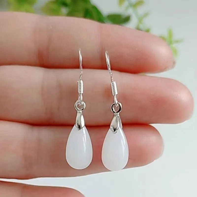 Natural Hetian jade water drop eardrop earrings with alloy ear needle in emerald colour