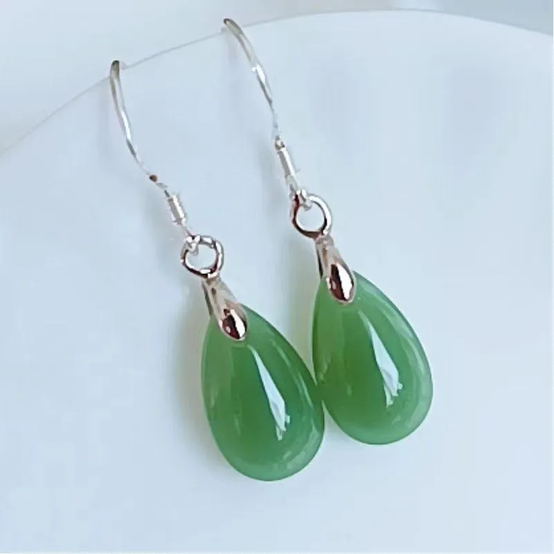 Natural Hetian jade water drop eardrop earrings with alloy ear needle in emerald colour