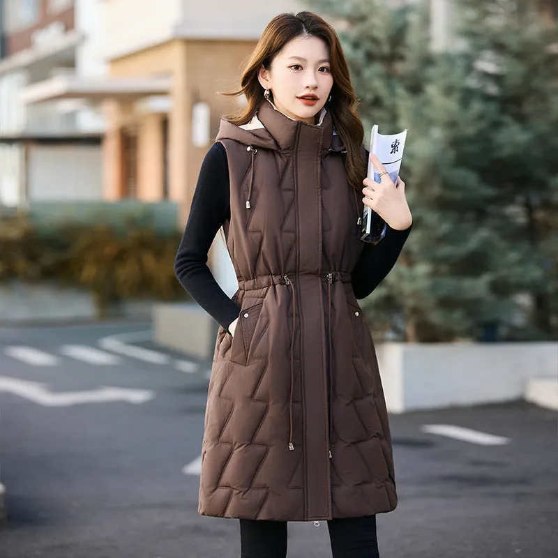 Women's loose fit cotton down vest in solid colour with polyester padding on a white background
