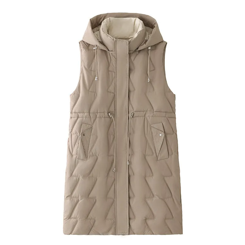 Women's loose fit cotton down vest in solid colour with polyester padding on a white background