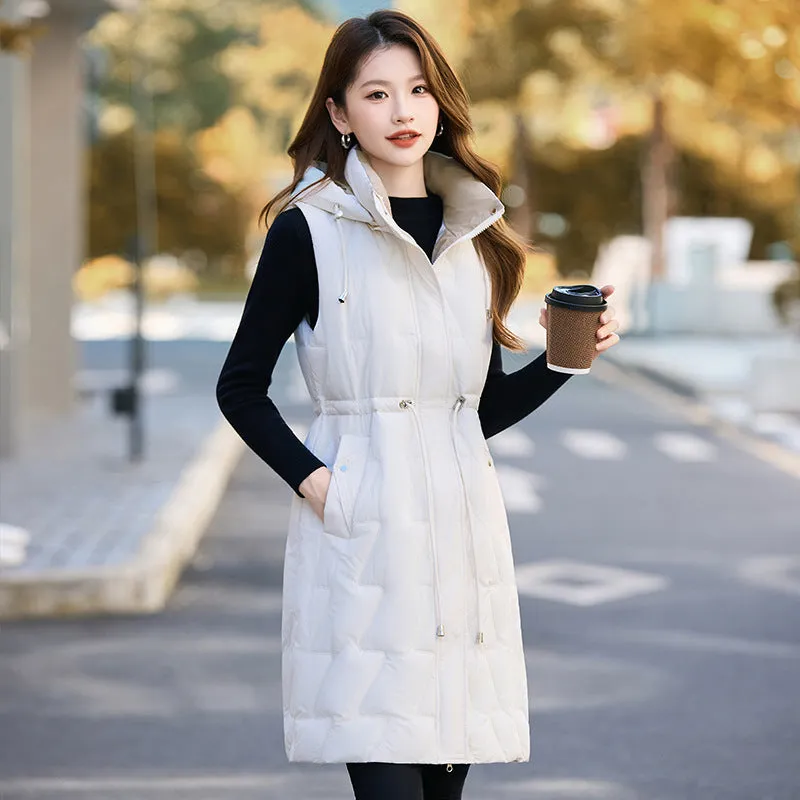 Women's loose fit cotton down vest in solid colour with polyester padding on a white background