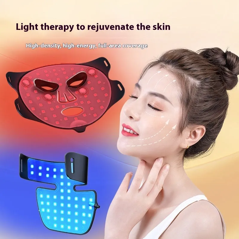 Black photon beauty mask with LED lights for facial and neck treatment with adjustable gear settings