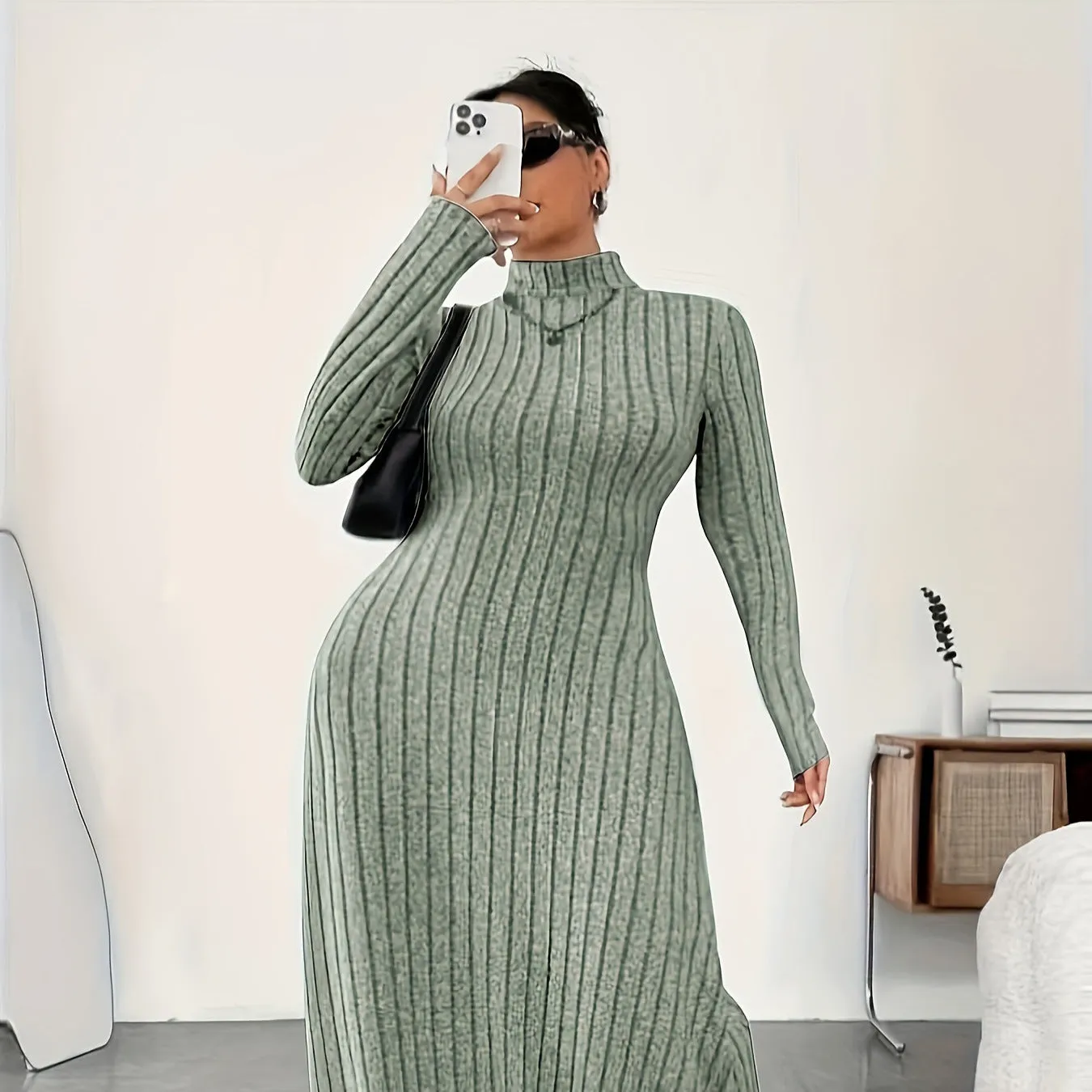 Women's Plus Size Turtleneck Dress Autumn Winter Long Sleeve Casual Knitted Stripe Dress for Ladies Polyester Fabric, Black Army Green Milky White, Size XL to XXXXXL, Asian Sizing