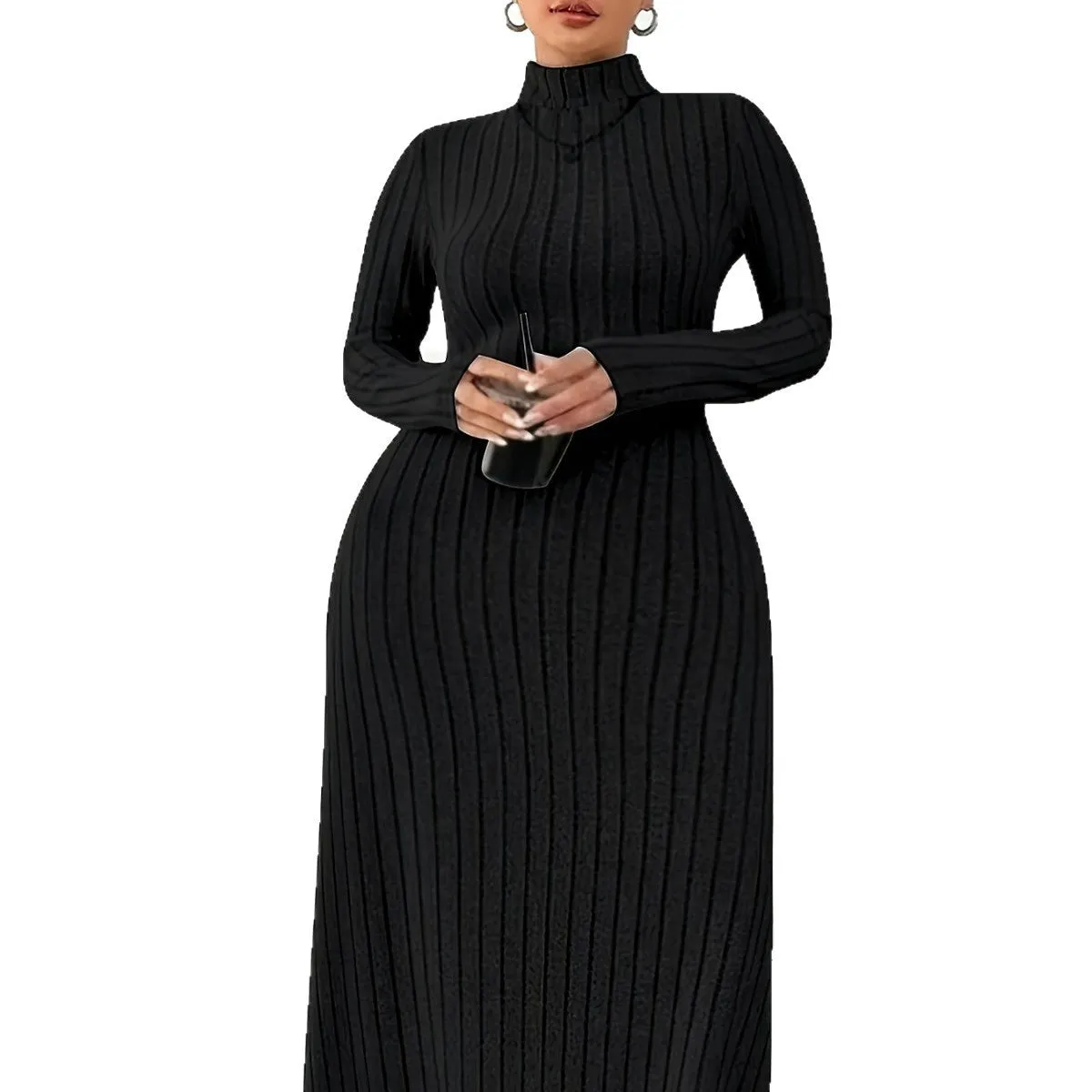 Women's Plus Size Turtleneck Dress Autumn Winter Long Sleeve Casual Knitted Stripe Dress for Ladies Polyester Fabric, Black Army Green Milky White, Size XL to XXXXXL, Asian Sizing
