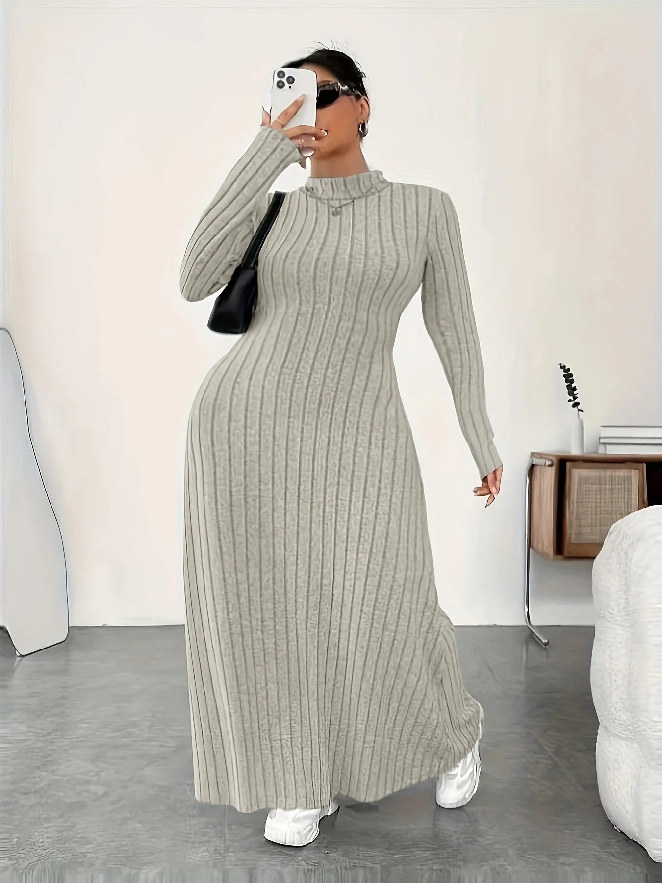 Women's Plus Size Turtleneck Dress Autumn Winter Long Sleeve Casual Knitted Stripe Dress for Ladies Polyester Fabric, Black Army Green Milky White, Size XL to XXXXXL, Asian Sizing