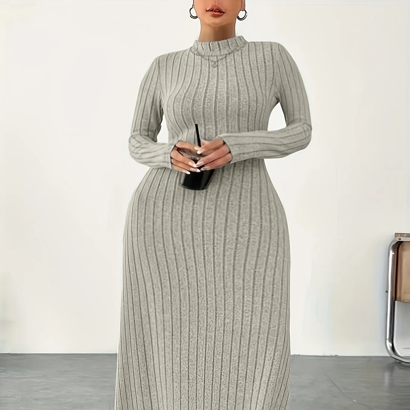Women's Plus Size Turtleneck Dress Autumn Winter Long Sleeve Casual Knitted Stripe Dress for Ladies Polyester Fabric, Black Army Green Milky White, Size XL to XXXXXL, Asian Sizing