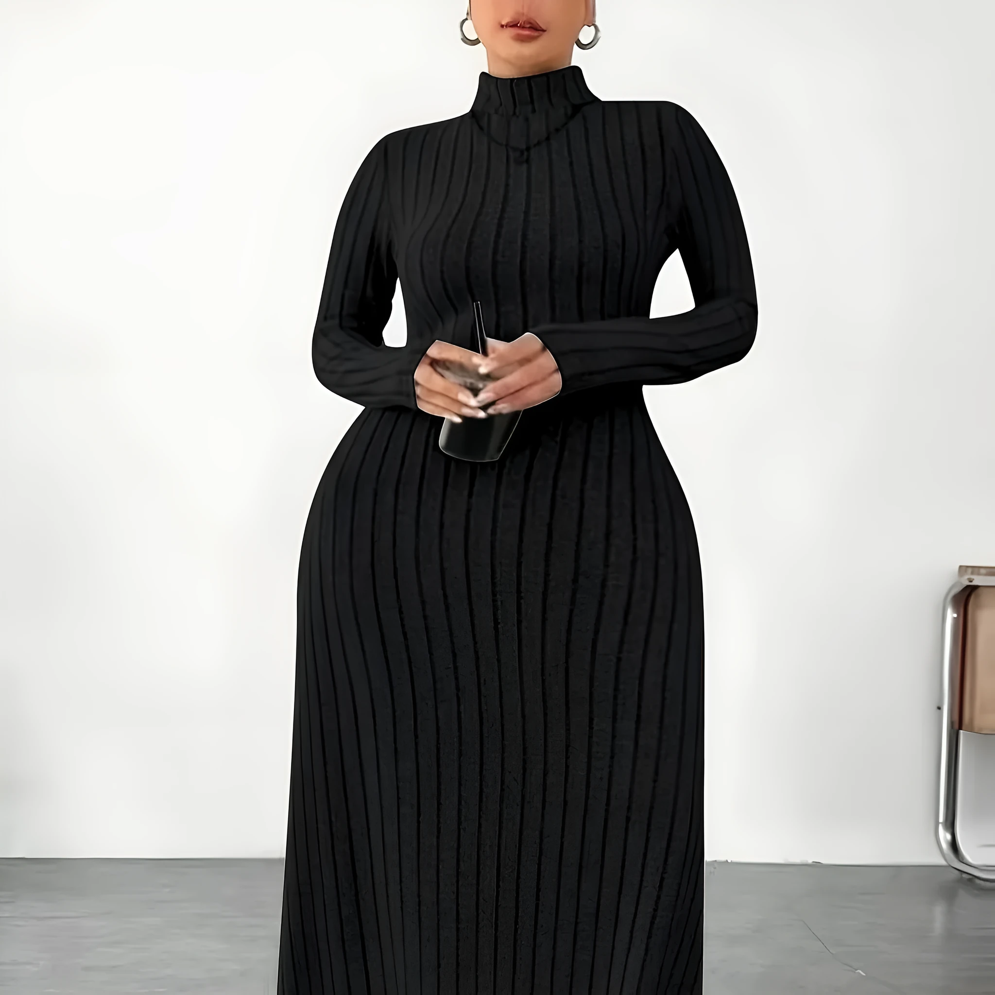 Women's Plus Size Turtleneck Dress Autumn Winter Long Sleeve Casual Knitted Stripe Dress for Ladies Polyester Fabric, Black Army Green Milky White, Size XL to XXXXXL, Asian Sizing