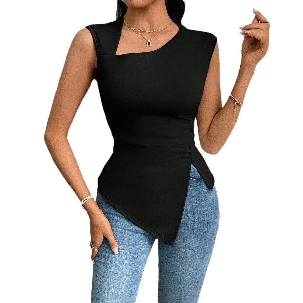 Women's diagonal collar slim fit short sleeve polyester top in beige with stitching detail