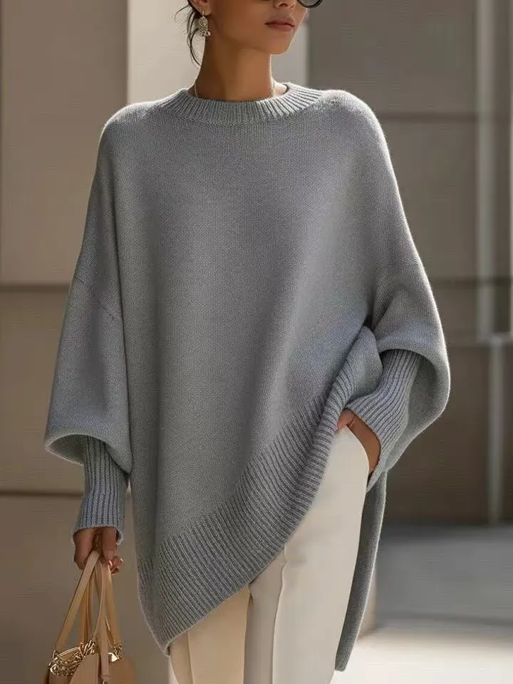 Thick round neck women's loose pullover sweater in light gray with core-spun yarn and polyester fabric