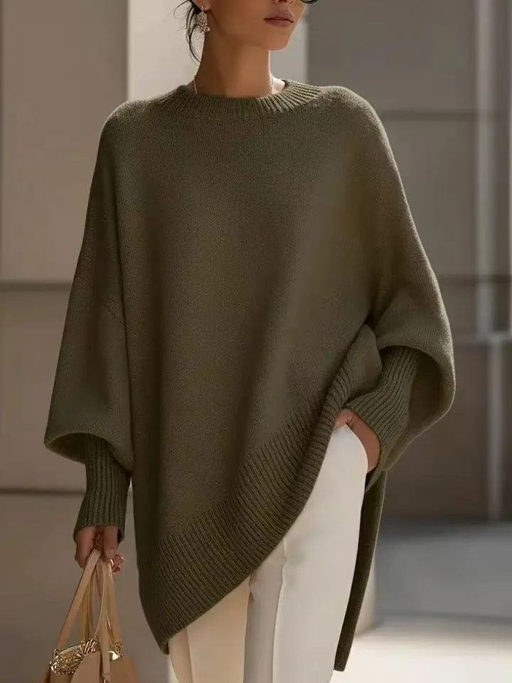 Thick round neck women's loose pullover sweater in light gray with core-spun yarn and polyester fabric