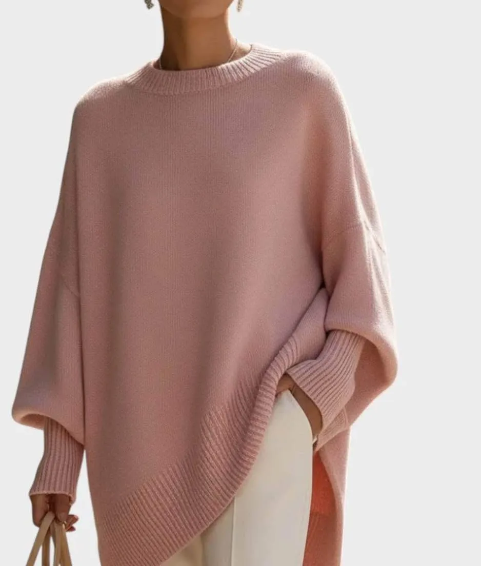 Thick round neck women's loose pullover sweater in light gray with core-spun yarn and polyester fabric