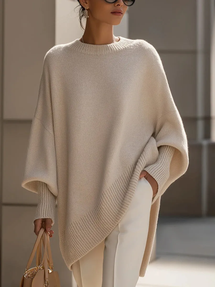 Thick round neck women's loose pullover sweater in light gray with core-spun yarn and polyester fabric