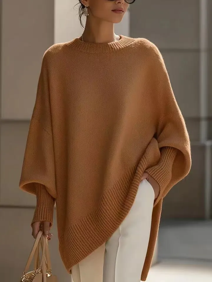 Thick round neck women's loose pullover sweater in light gray with core-spun yarn and polyester fabric