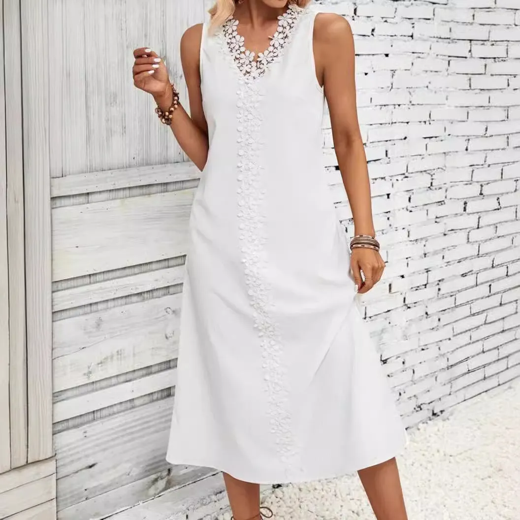 Women's sleeveless lace patchwork dress with crocheted flowers, A-line skirt, white colour