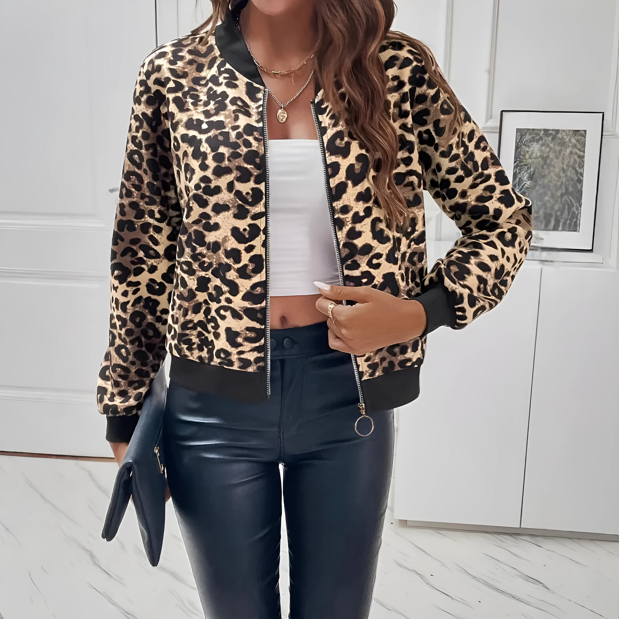 Women's leopard print polyester fashion jacket with long sleeves, shown in front view