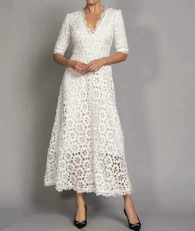 White lace long dress with V-neck design and hollow-out details for women