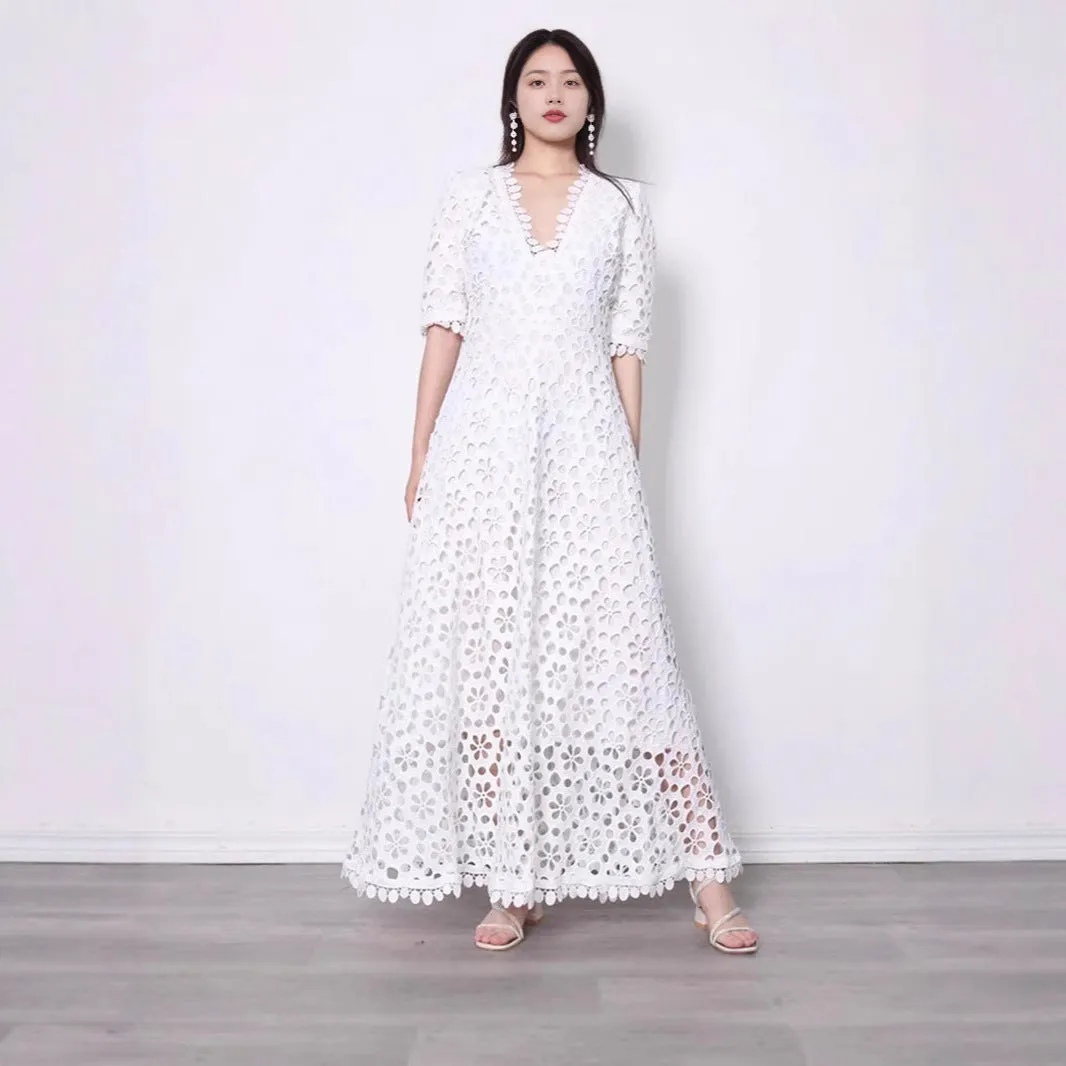 White lace long dress with V-neck design and hollow-out details for women