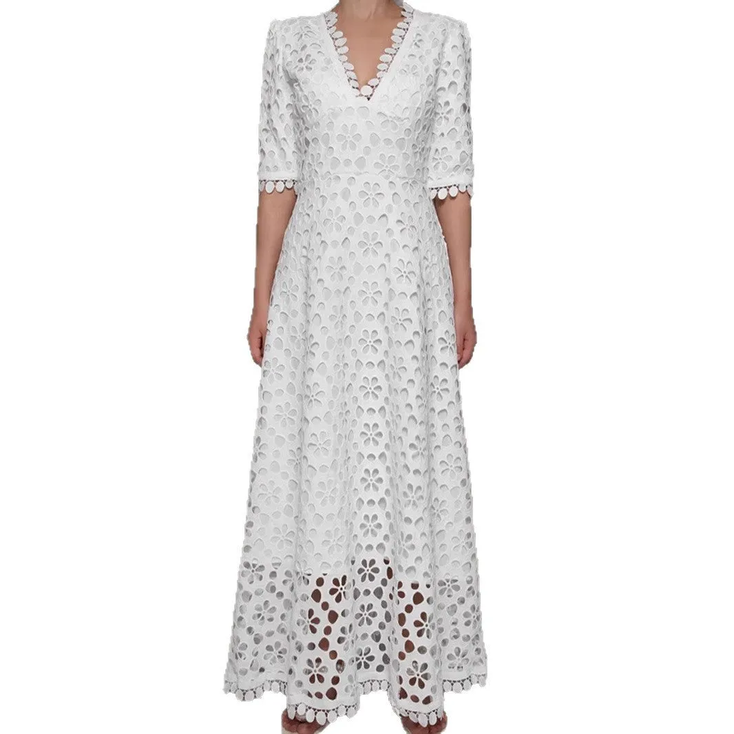 White lace long dress with V-neck design and hollow-out details for women