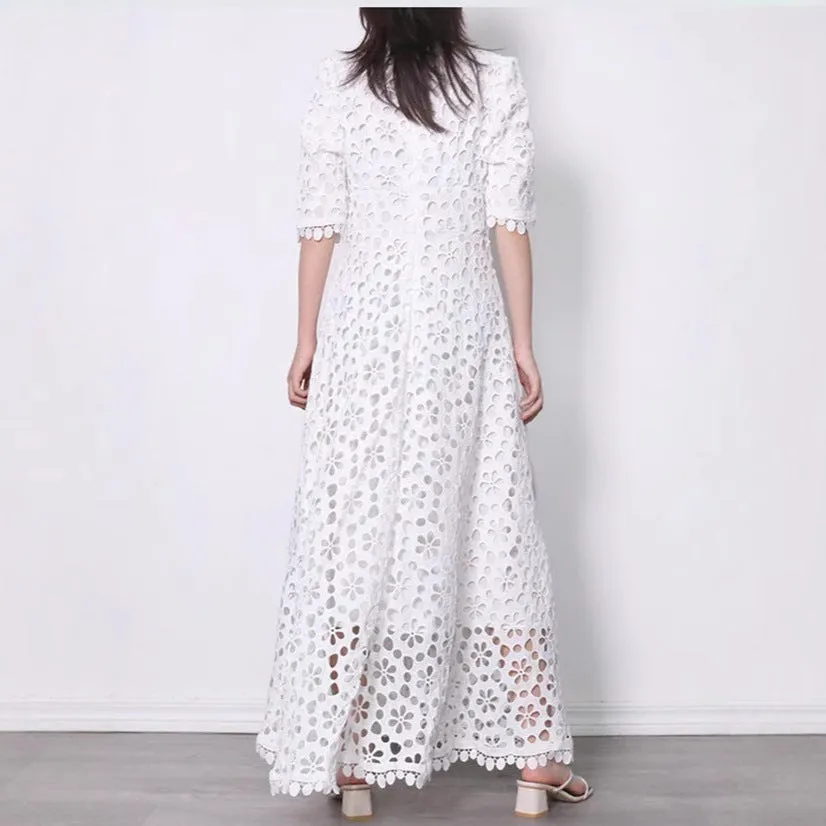 White lace long dress with V-neck design and hollow-out details for women