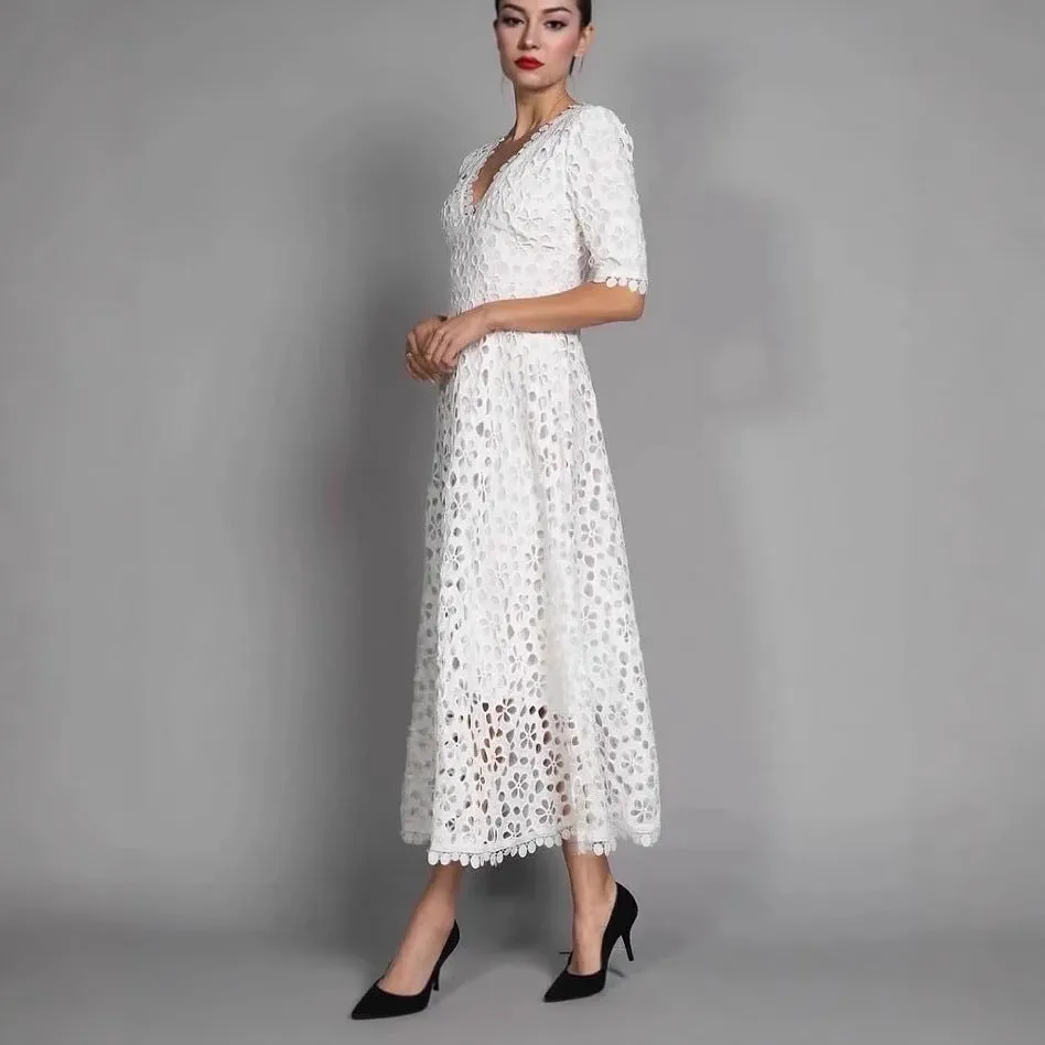 White lace long dress with V-neck design and hollow-out details for women