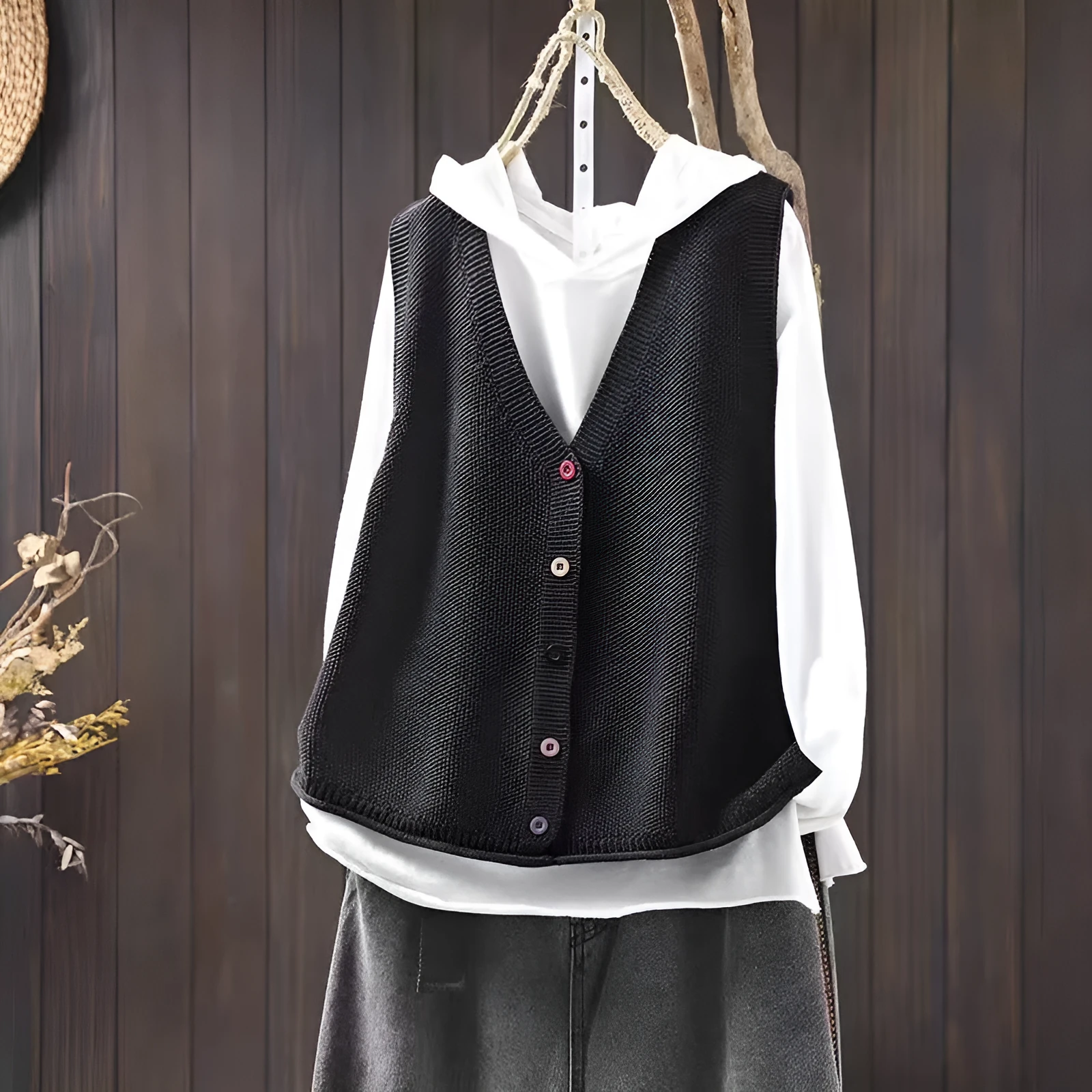 Women's v-neck solid colour buckle knitted cardigan vest in chenille fabric