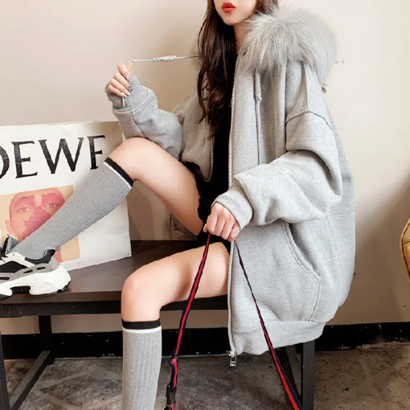 Plus size fleece-lined hooded cardigan sweater in black, loose fit with long sleeves
