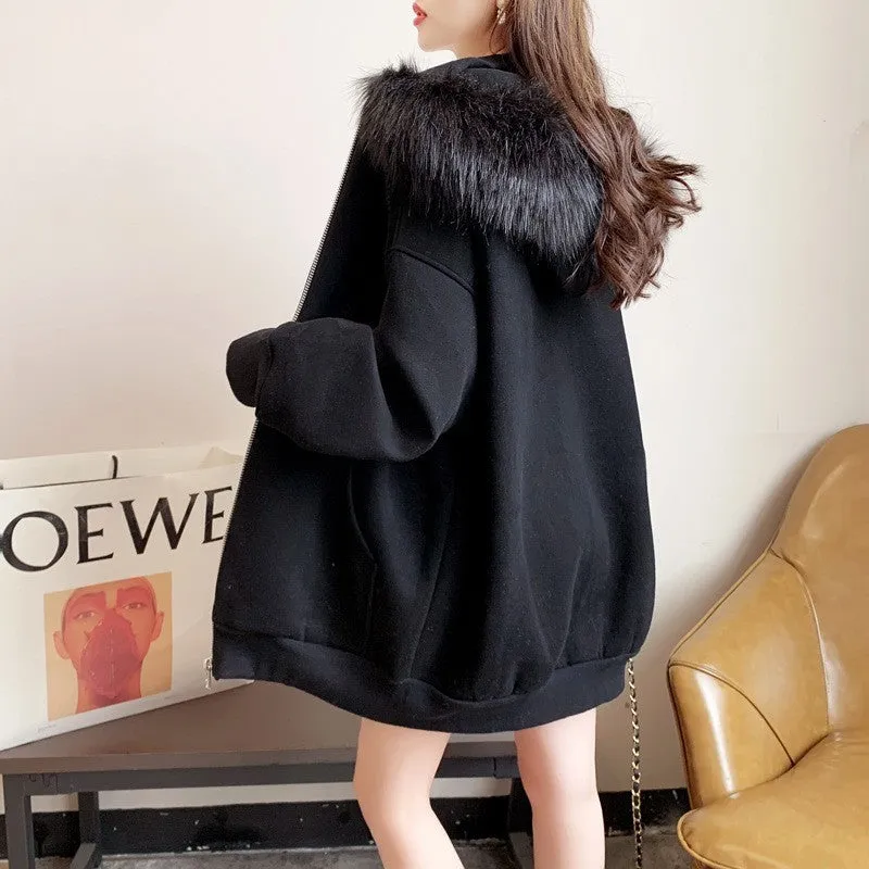Plus size fleece-lined hooded cardigan sweater in black, loose fit with long sleeves