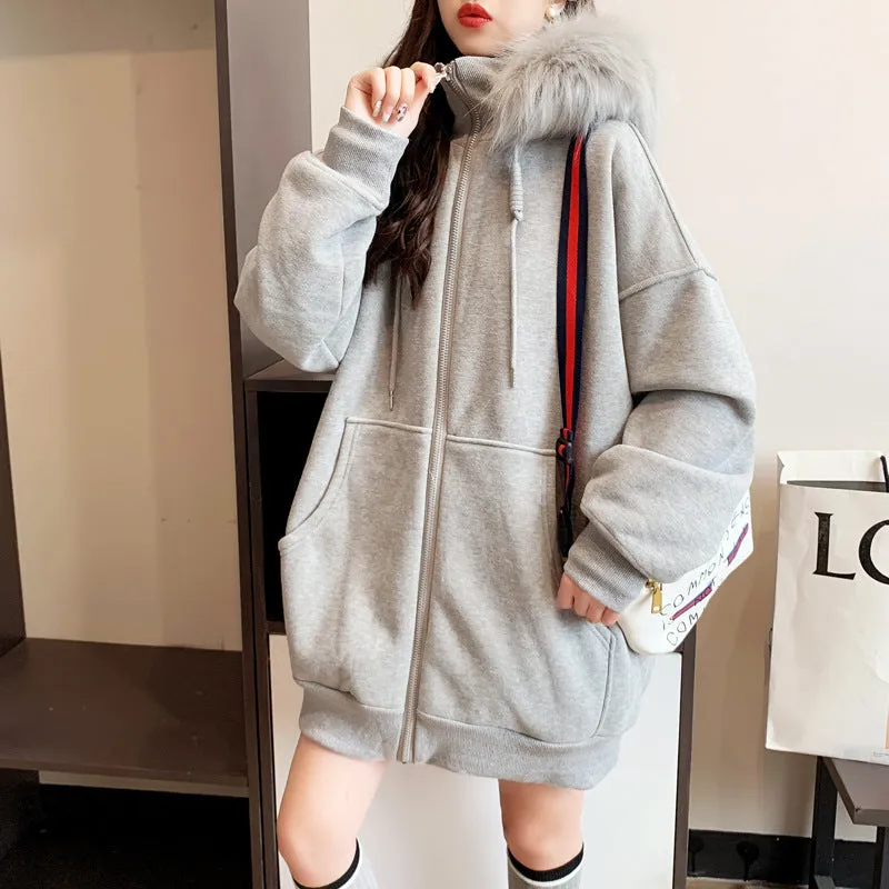 Plus size fleece-lined hooded cardigan sweater in black, loose fit with long sleeves