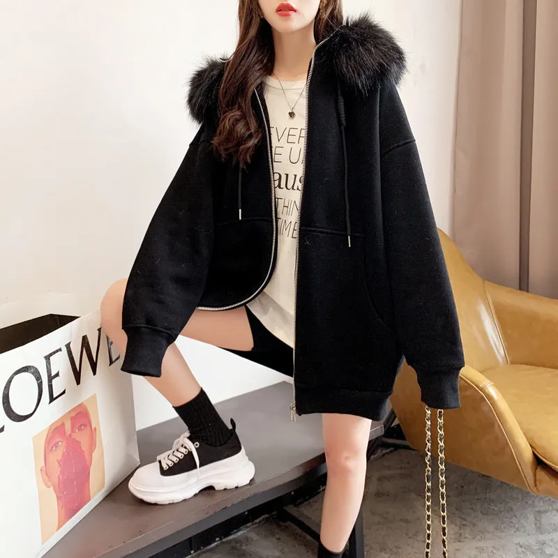 Plus size fleece-lined hooded cardigan sweater in black, loose fit with long sleeves